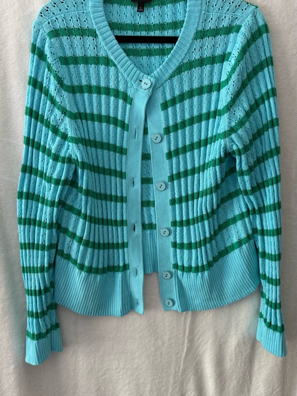Talbots Blue and Green Striped V‑Neck Button Cardigan